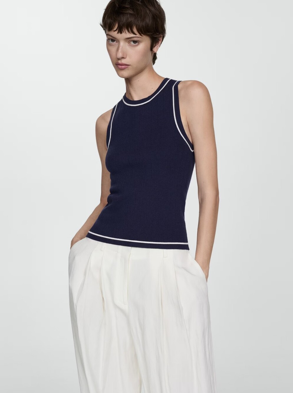 MNG Mango Navy Ribbed Knit Sleeveless Sweater Tank Top with White Trim – Size S